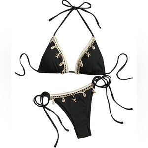NWOT Verdusa Black Shell Embellished Triangle Ribbed 2pc Bikini Women’s M